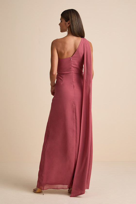 Adeline Rusty Rose One-Shoulder Scarf Maxi Dress