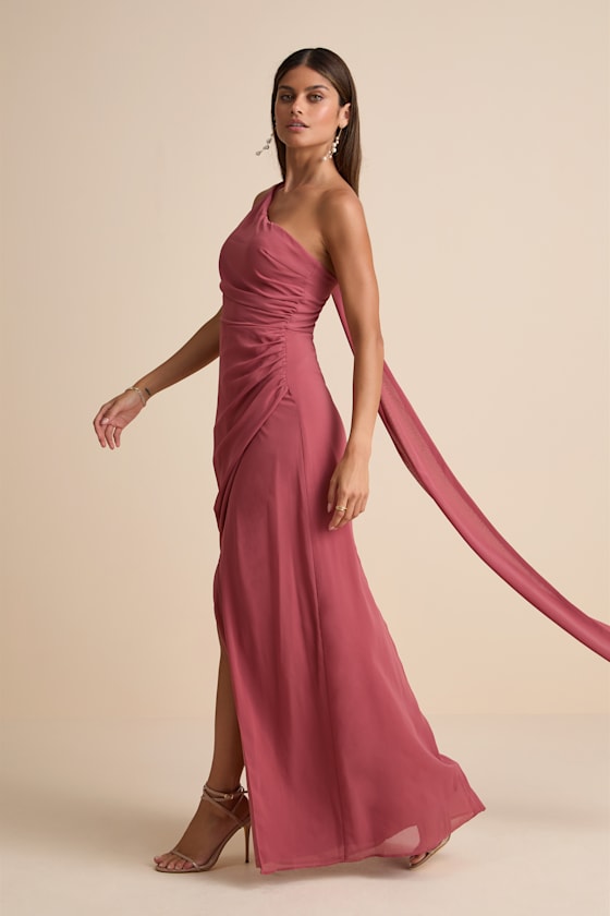 Adeline Rusty Rose One-Shoulder Scarf Maxi Dress