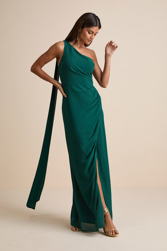 Adeline Emerald One-Shoulder Scarf Maxi Dress