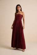 Damira Rust Satin Pleated Strapless Maxi Dress