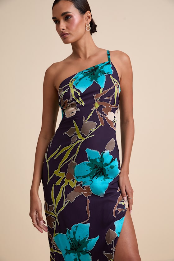 Elzina Plum Floral Satin Asymmetrical Midi Dress