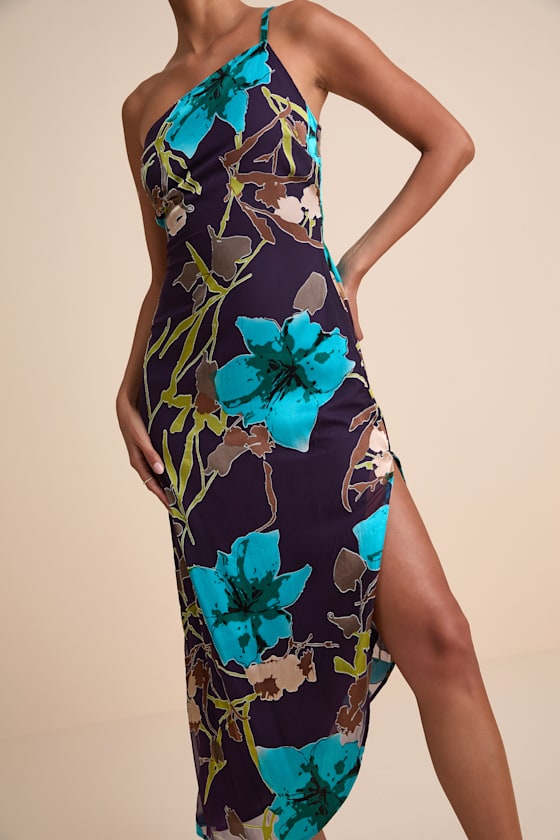 Elzina Plum Floral Satin Asymmetrical Midi Dress