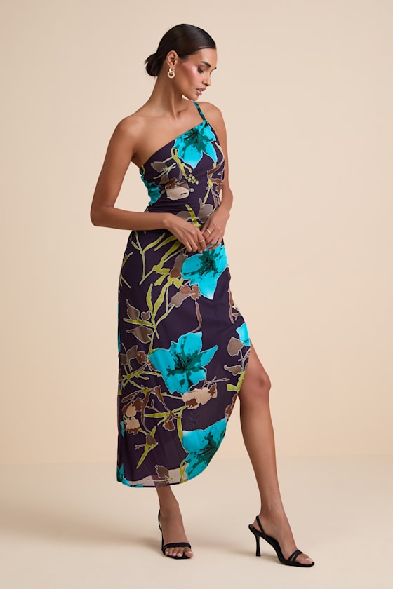 Elzina Plum Floral Satin Asymmetrical Midi Dress