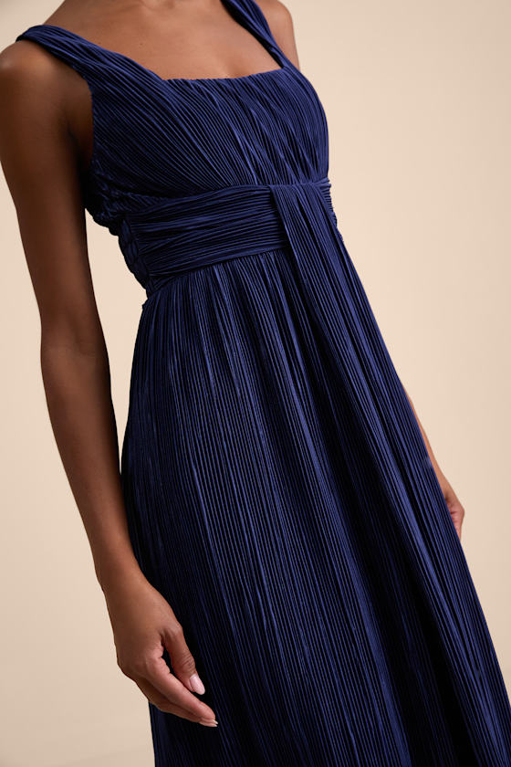 Ameena Navy Blue Plisse Square Neck Sash Maxi Dress