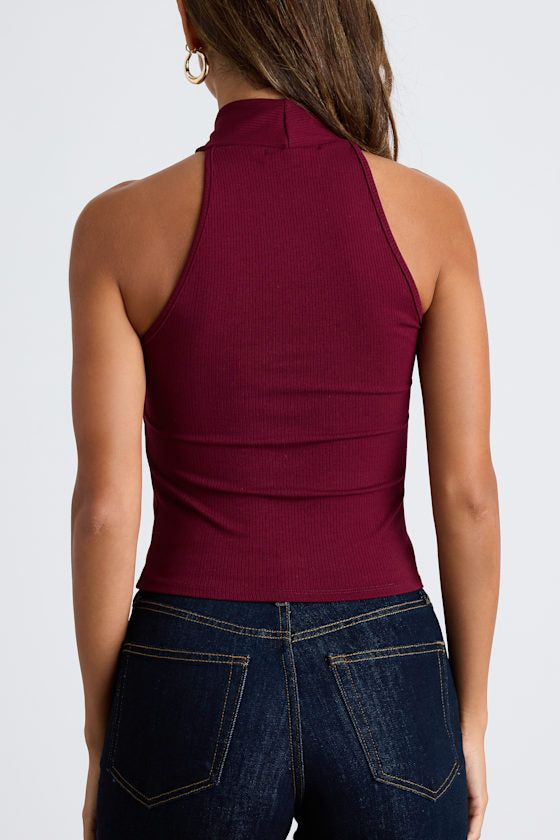 Essential Energy Wine Red Ribbed Sleeveless Cross-Front Top