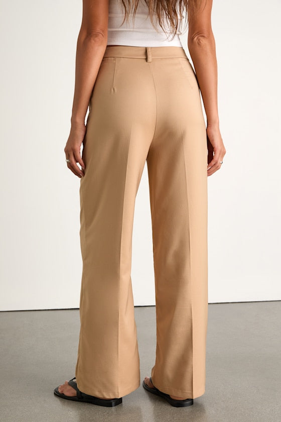 So Get This Beige High-Waisted Wide-Leg Trouser Pants