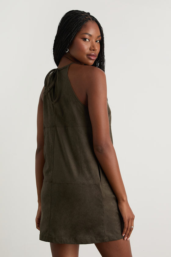 Westlynn Olive Suede Cutout Shift Mini Dress