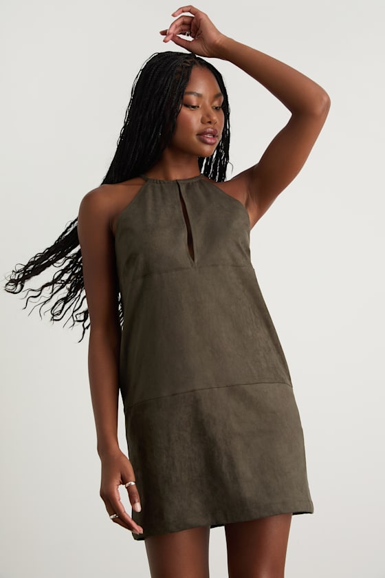 Westlynn Olive Suede Cutout Shift Mini Dress