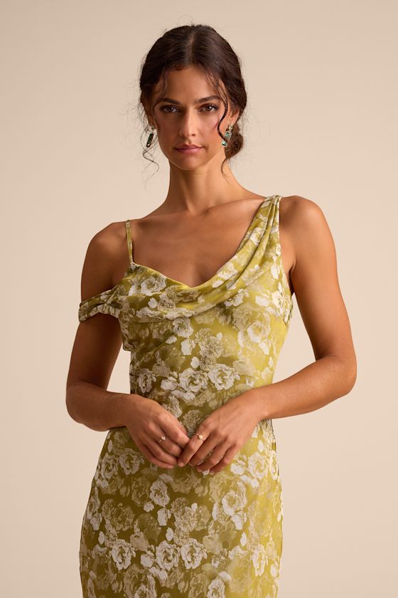 Cavani Chartreuse Floral Satin Asymmetrical Maxi Dress