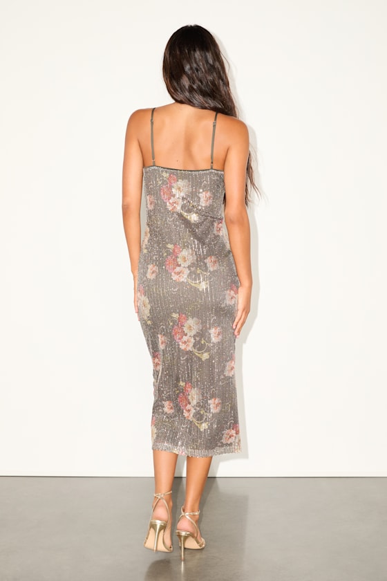Cateline Charcoal Floral Sequin Bodycon Midi Dress