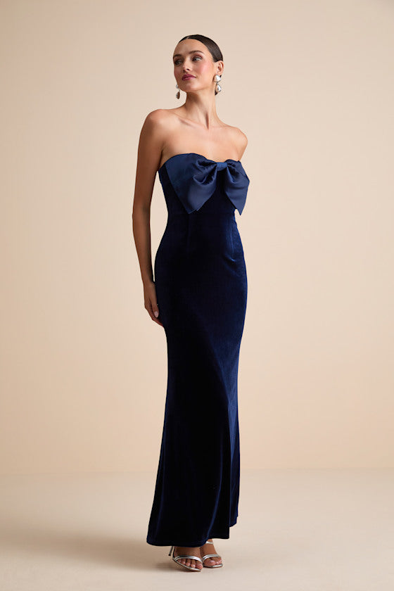 Dramatic Stunner Navy Velvet Bow Strapless Maxi Dress