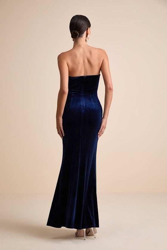 Dramatic Stunner Navy Velvet Bow Strapless Maxi Dress