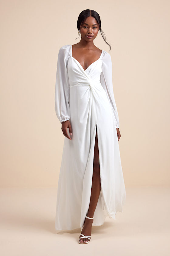 Composed Soiree White Twist-Front Long Sleeve Maxi Dress