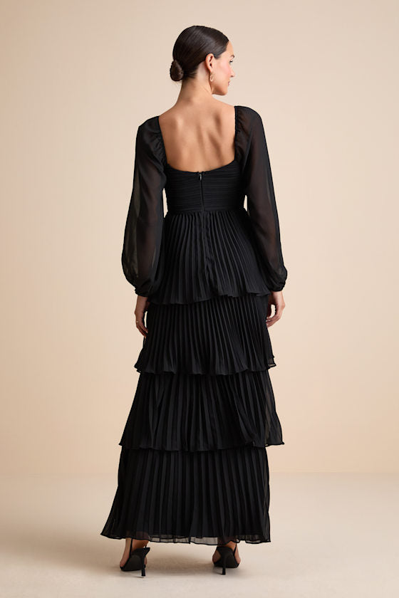 Impactful Elegance Black Tiered Balloon Sleeve Maxi Dress