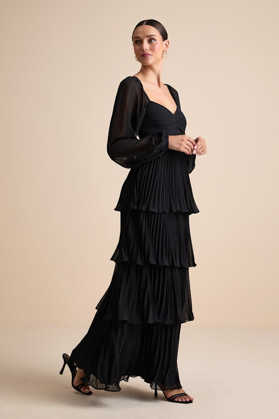 Impactful Elegance Black Tiered Balloon Sleeve Maxi Dress