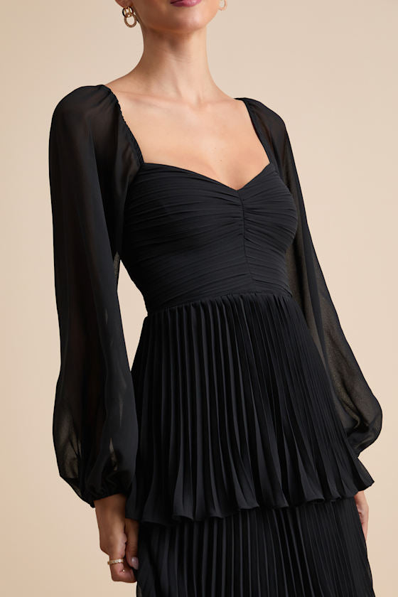 Impactful Elegance Black Tiered Balloon Sleeve Maxi Dress