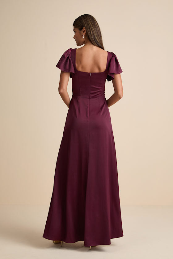 Ultimate Sweetness Plum Satin Flutter Sleeve Maxi Dress