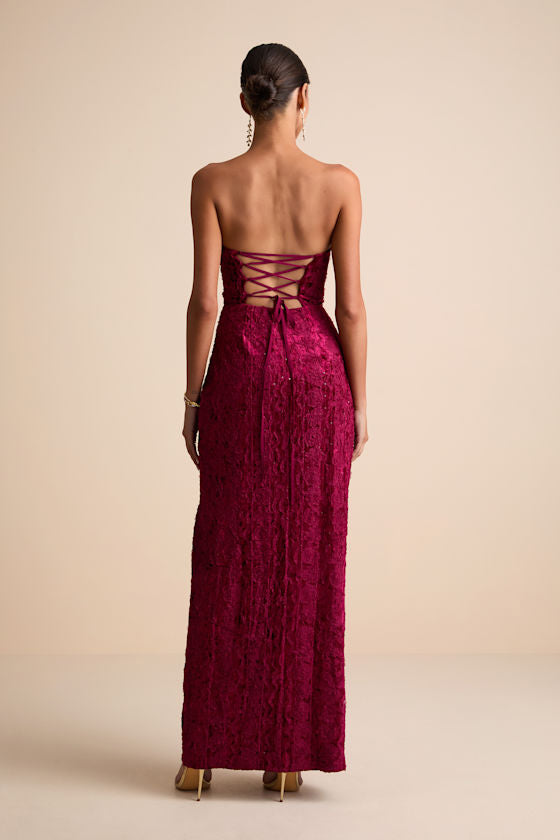Chic Grace Burgundy Velvet Floral Applique Strapless Maxi Dress