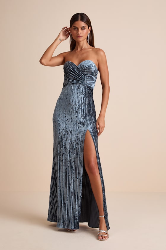 Classy Sensation Slate Velvet Pleated Strapless Maxi Dress