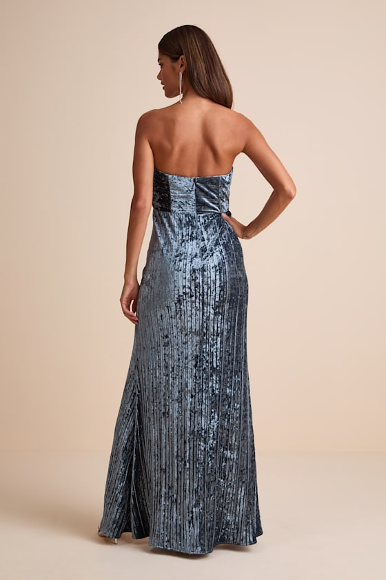 Classy Sensation Slate Velvet Pleated Strapless Maxi Dress
