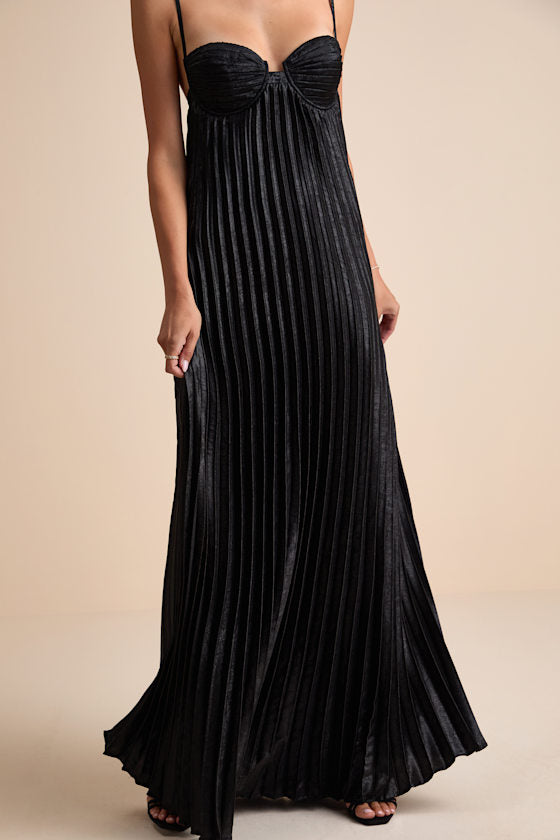 Brilliant Allure Black Pleated Maxi Dress