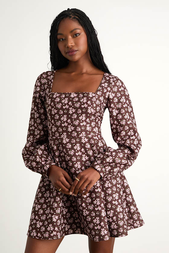 Daily Affection Brown Floral Corduroy Mini Dress With Pockets