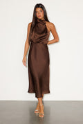 Distinctive Brown Satin Asymmetrical Midi Dress