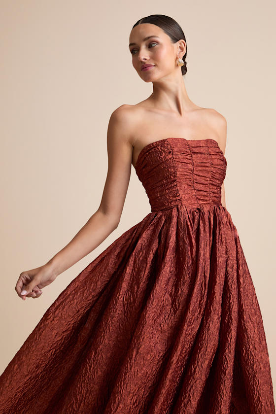 Analeia Rust Jacquard Lace-Up Strapless Midi Dress