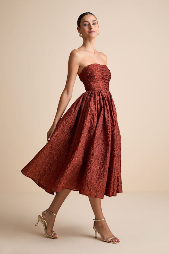 Analeia Rust Jacquard Lace-Up Strapless Midi Dress