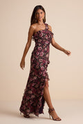 Bonelle Plum Multi Floral Metallic Clip Dot Ruffled Maxi Dress