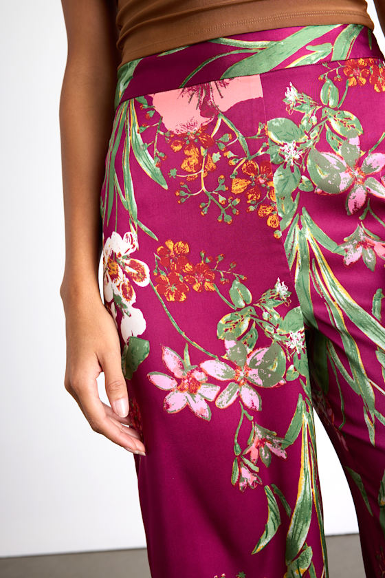 Thriving Vibes Fuchsia Floral Print Satin Wide-Leg Pants
