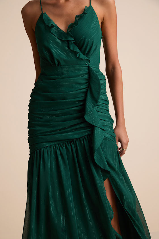 Stunning Soiree Emerald Lurex Ruched Midi Dress