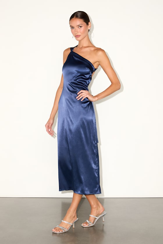 Yvonne Navy Satin One-Shoulder Midi Dress