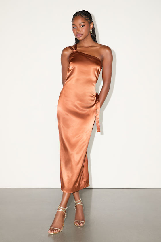 Yvonne Rust Orange Satin One-Shoulder Midi Dress