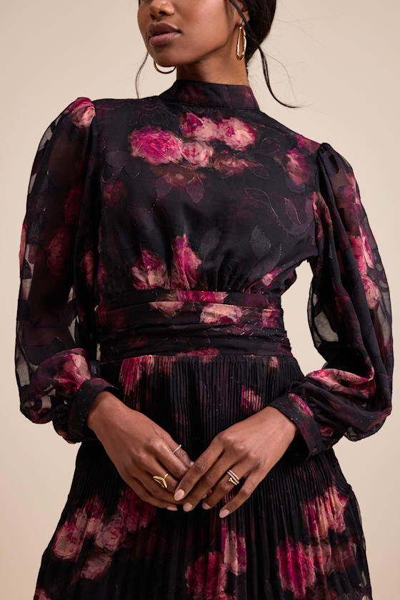 Ayveen Black Floral Burnout Balloon Sleeve Mini Dress