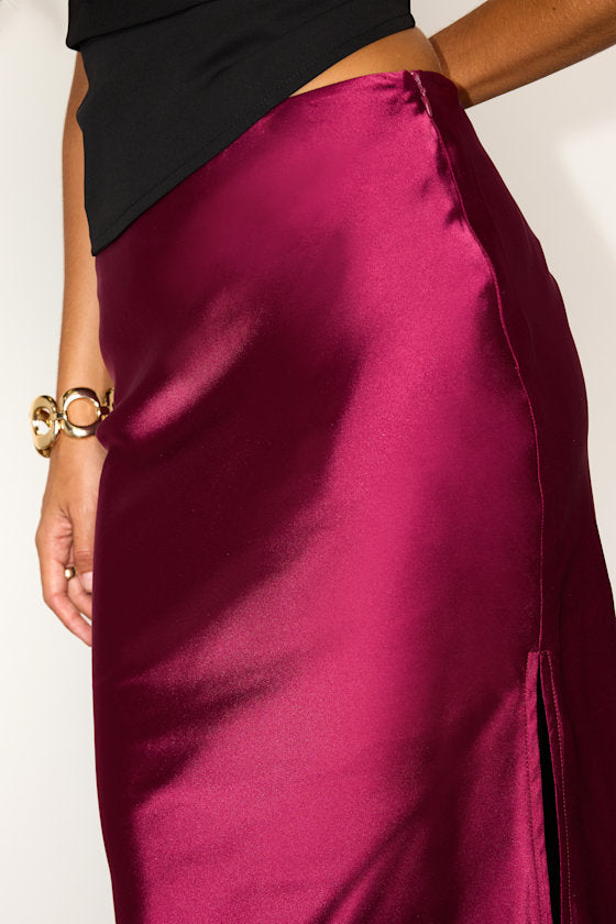 Chic Wishes Burgundy Satin Midi Skirt