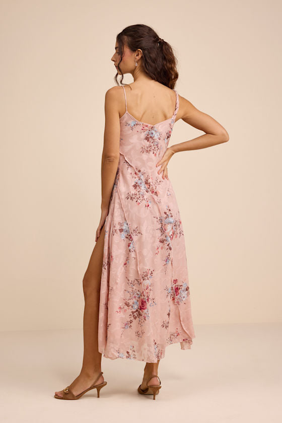Eirwen Blush Floral Burnout Asymmetrical Midi Dress