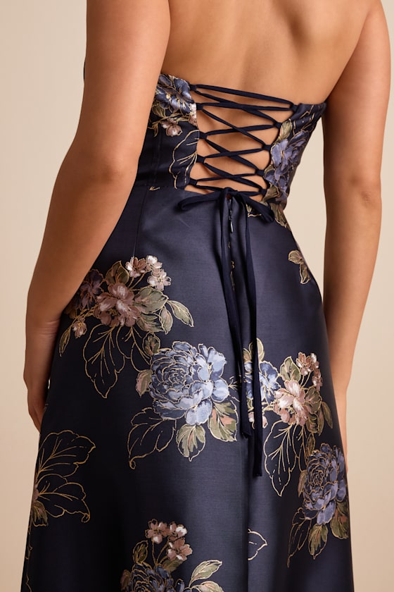 Yashelle Navy Floral Taffeta Strapless Tiered Corset Midi Dress