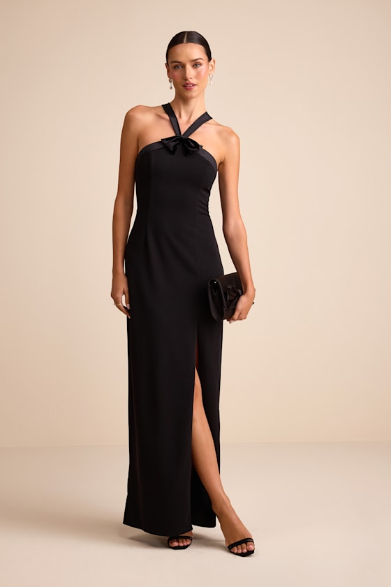 Bisian Black Velvet Bow Backless Apron Maxi Dress