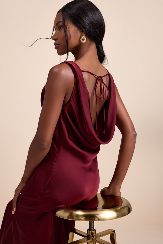 Aernah Wine Red Satin Cowl Tie-Back Slip Maxi Dress