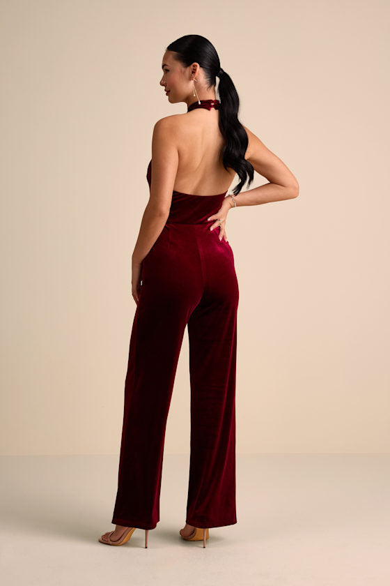 Yvania Burgundy Velvet Cross-Front Halter Jumpsuit
