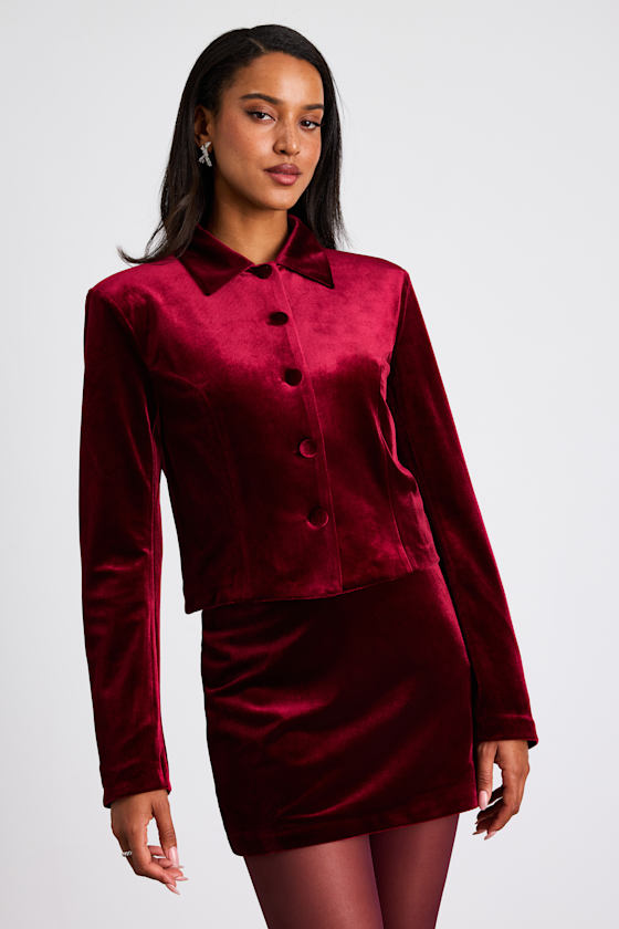 Bettany Dark Red Velvet Mid-Rise Mini Skirt