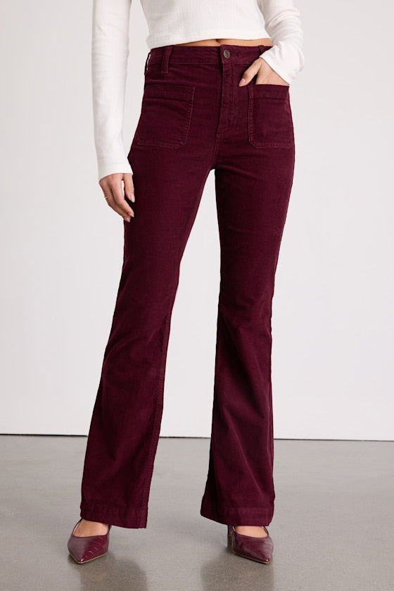 Relia Wine Red Corduroy High-Rise Flare Pants