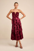 Dorina Burgundy Shadow Print Strapless Tiered Midi Dress