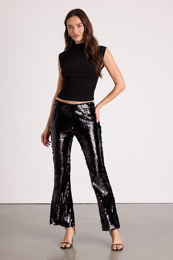 Christella Black Sequin Low-Rise Flare Pants