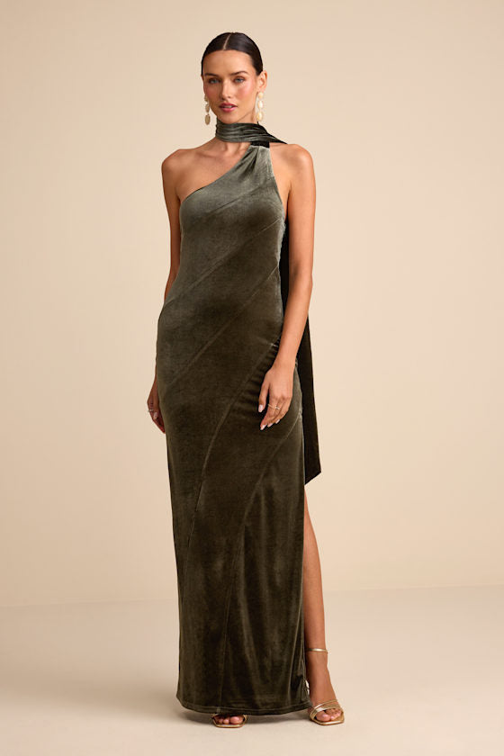 Eleni Dusty Olive Velvet One-Shoulder Sash Maxi Dress