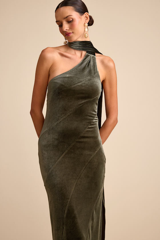 Eleni Dusty Olive Velvet One-Shoulder Sash Maxi Dress