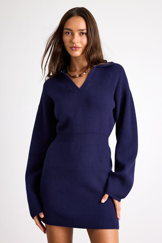 Rosella Navy Bodycon Collared Mini Sweater Dress
