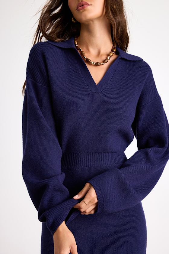 Rosella Navy Bodycon Collared Mini Sweater Dress