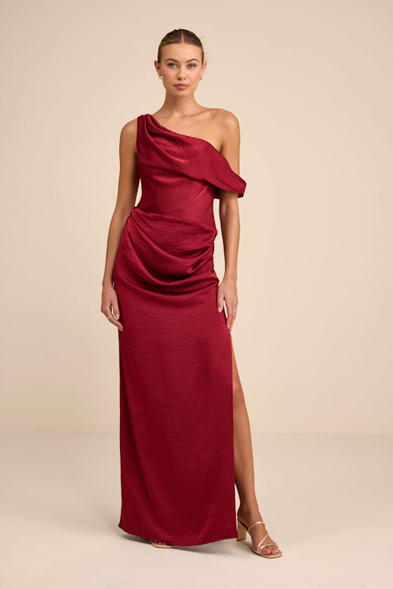 Aviana Dark Red Satin Asymmetrical Maxi Dress